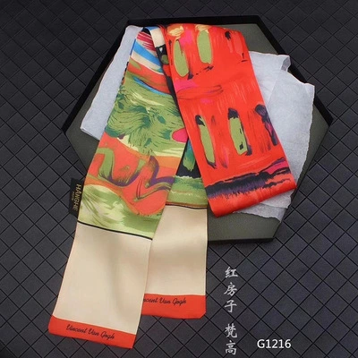 Oil painting style double-sided small silk scarf, Van Gogh sunflower, versatile women's decoration, texture twill hair band, narrow and long ribbon Oil painting style double-sided small silk scarf, Van Gogh sunflower, versatile women's decoration, texture twill hair band, narrow and long ribbon